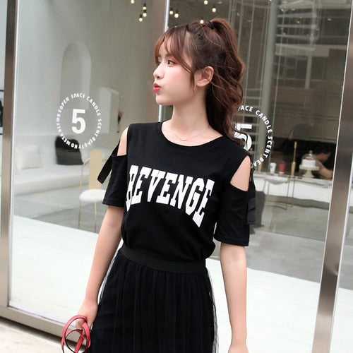 2019 Summer Women Gauze Skirt Sets Two Piece Set Long Design Off Shoulder T Shirt & Gauze Skirt Students Holiday Outfits