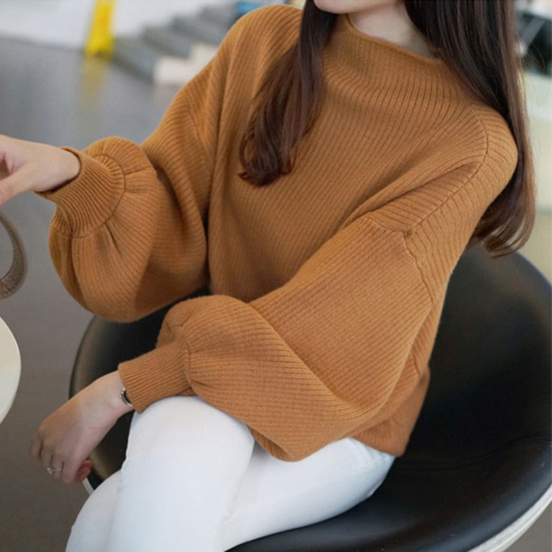 Lantern Sleeve Women Autumn Winter Sweater 10 Colors Black White Female Pullover Casual Sweet Jumper