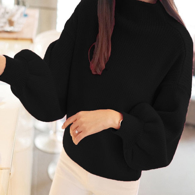 Lantern Sleeve Women Autumn Winter Sweater 10 Colors Black White Female Pullover Casual Sweet Jumper