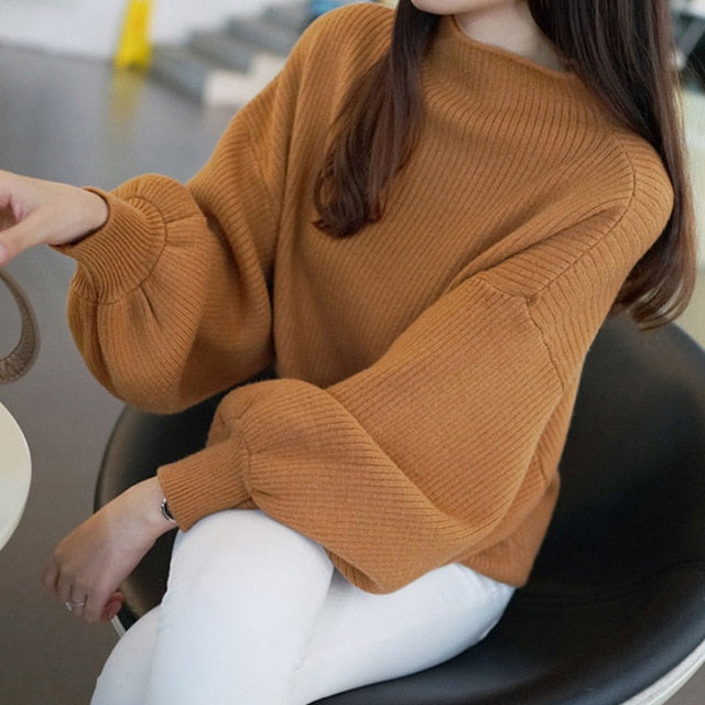 Lantern Sleeve Women Autumn Winter Sweater 10 Colors Black White Female Pullover Casual Sweet Jumper