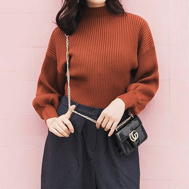 Lantern Sleeve Women Autumn Winter Sweater 10 Colors Black White Female Pullover Casual Sweet Jumper