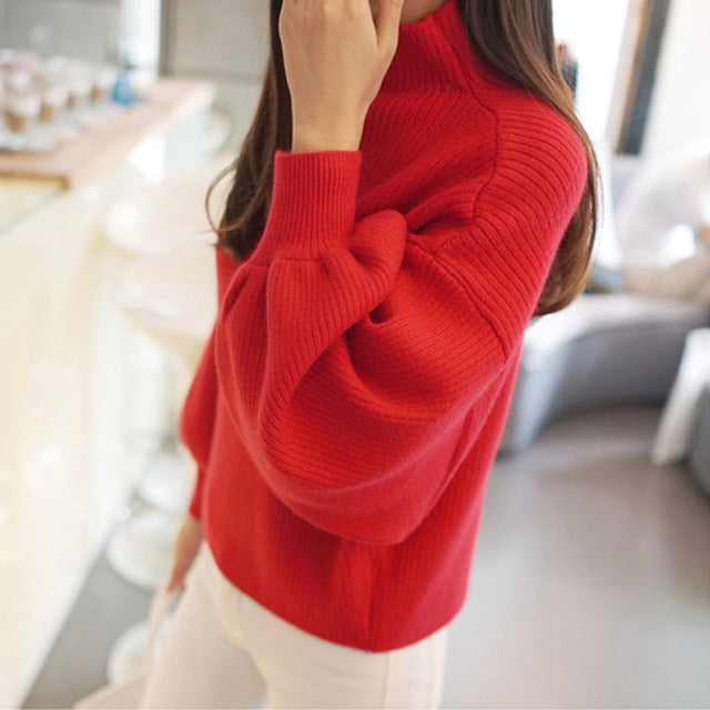 Lantern Sleeve Women Autumn Winter Sweater 10 Colors Black White Female Pullover Casual Sweet Jumper