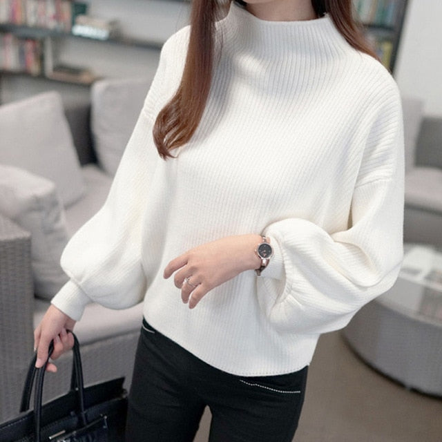 Lantern Sleeve Women Autumn Winter Sweater 10 Colors Black White Female Pullover Casual Sweet Jumper