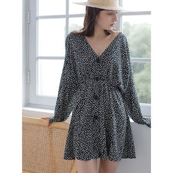 Printed V Neck Chiffon Dress Women Long Sleeve French Button Front High Waist Mini Dresses