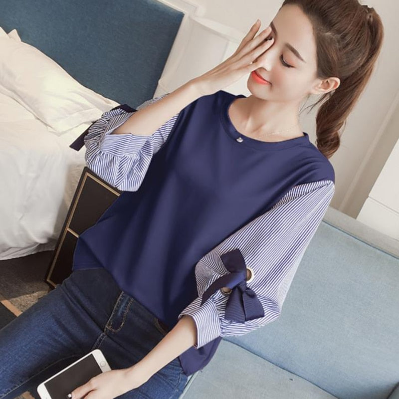 2019 new spring summer women bow chiffon blouse patchwork shirts office lady lantern sleeved solid loose casual tops 0.2