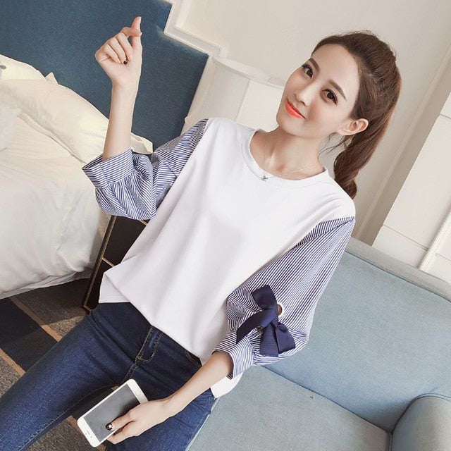 2019 new spring summer women bow chiffon blouse patchwork shirts office lady lantern sleeved solid loose casual tops 0.2