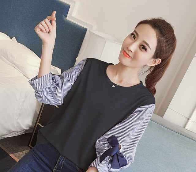 2019 new spring summer women bow chiffon blouse patchwork shirts office lady lantern sleeved solid loose casual tops 0.2