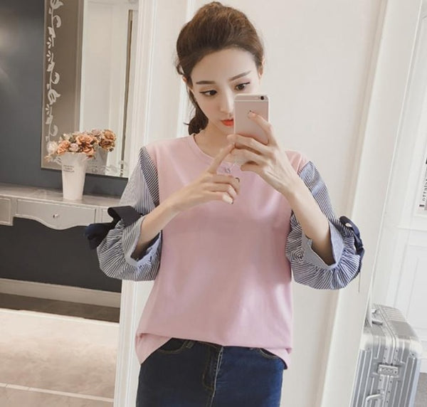 2019 new spring summer women bow chiffon blouse patchwork shirts office lady lantern sleeved solid loose casual tops 0.2