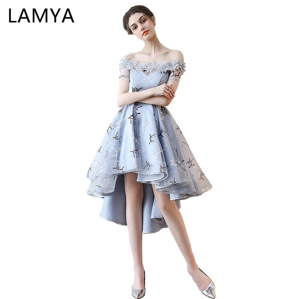 LAMYA  Embroidery Prom Dresses Short Front Back Long Tail Banquet Evening Dress 2019 Formal Party Gown Plus Size Elegant Dresses