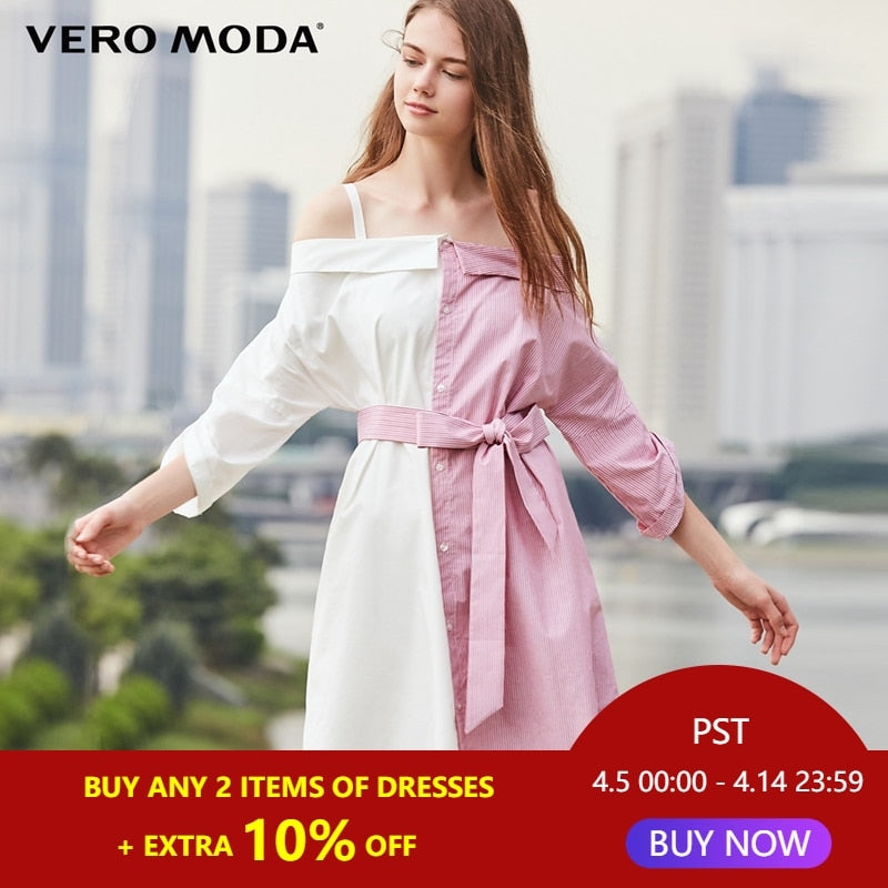 Vero Moda  spring shoulder girdle board neck color matching summer dress |31817B508