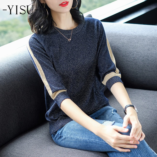 YISU thin Sweater Women Short sleeve Pullover Women fashion Bright silk Sweaters Women 2019 Spring Knitted sweaters Tops Femme