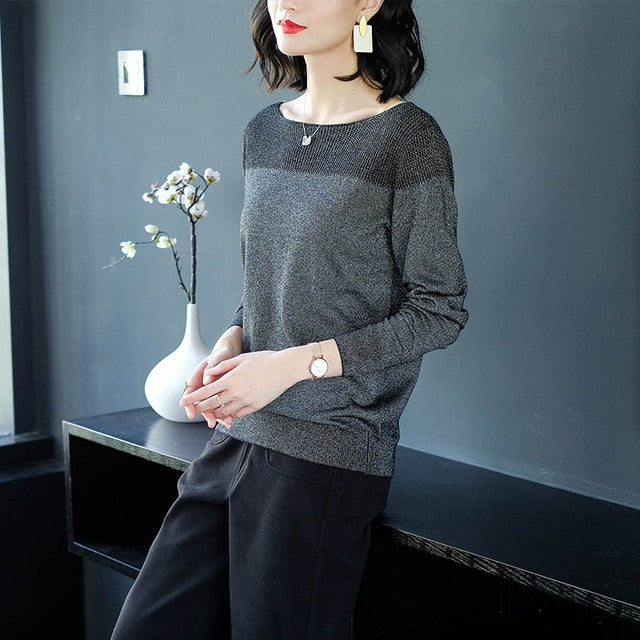 YISU Thin Sweater Women's O-Neck Sweater Female 2019 Spring Autumn Loose Pullover Casual Bright silk Solid Sweaters Female