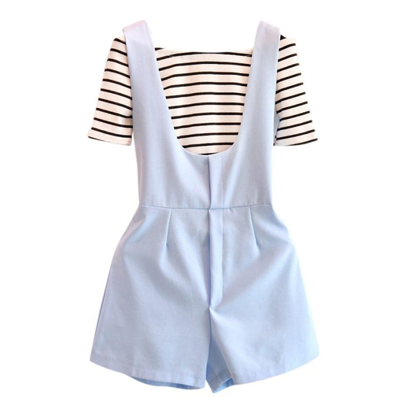 Women Two Pieces Clothing Set Striped Slash Neck +Rompers Short Fashion Girls Set