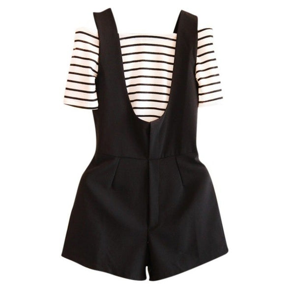 Women Two Pieces Clothing Set Striped Slash Neck +Rompers Short Fashion Girls Set
