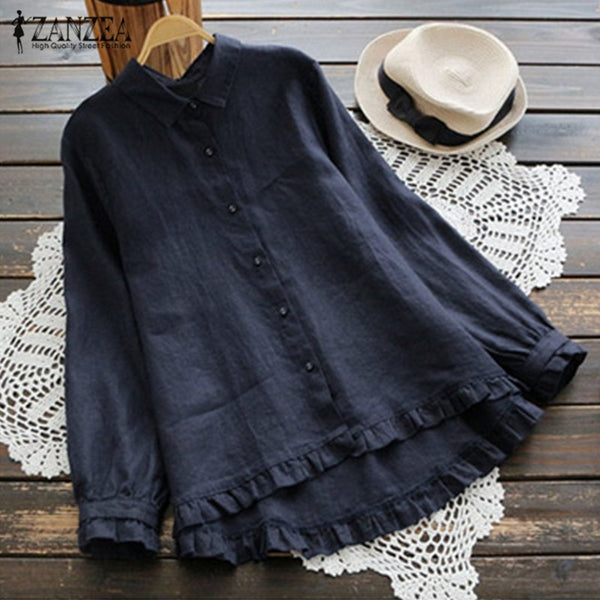 Fashion ZANZEA 2019 Spring Casual Loose Tops Elegant Lapel Cotton Linen Work OL Blouse Women Solid Long Sleeve Ruffled Shirts