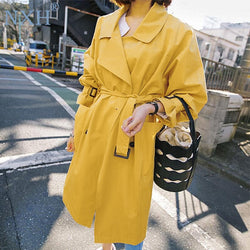 NXH 2018 Spring Fall Yellow Windbreaker Women New Fashion Yellow Trench Coat Girl Students Long Casual Trenches Outwear Overcoat