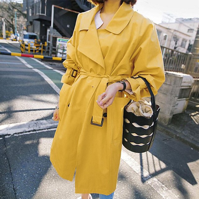 NXH 2018 Spring Fall Yellow Windbreaker Women New Fashion Yellow Trench Coat Girl Students Long Casual Trenches Outwear Overcoat