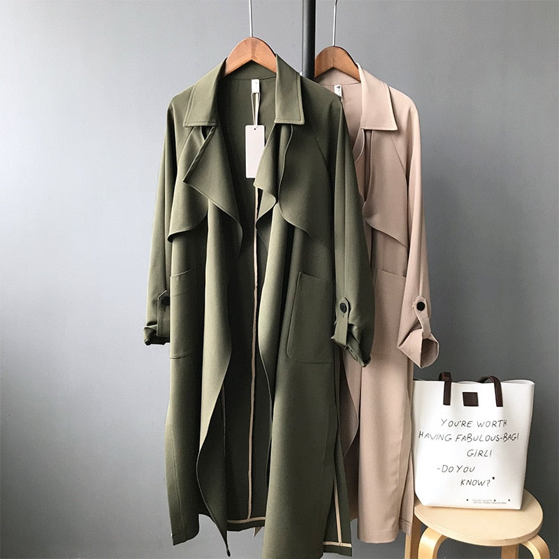 2018 Autumn Chiffon Office Lady Trench Coat Fashion Simple Open Stitch Sashes Casaco Feminino Long Sleeve X Long Abrigo Mujer