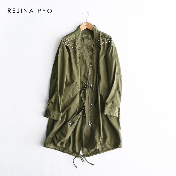 REJINAPYO Women Chic Washing Green Cotton Long Trench Coat Handmade Beading Casual High Street Single Breasted Outerwear