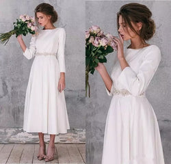 2019 Long Sleeve soft Satin Wedding Dresses Vintage A Line Tea Length Gorgeous Simple Wedding Bridal Gowns Robe De Mariage