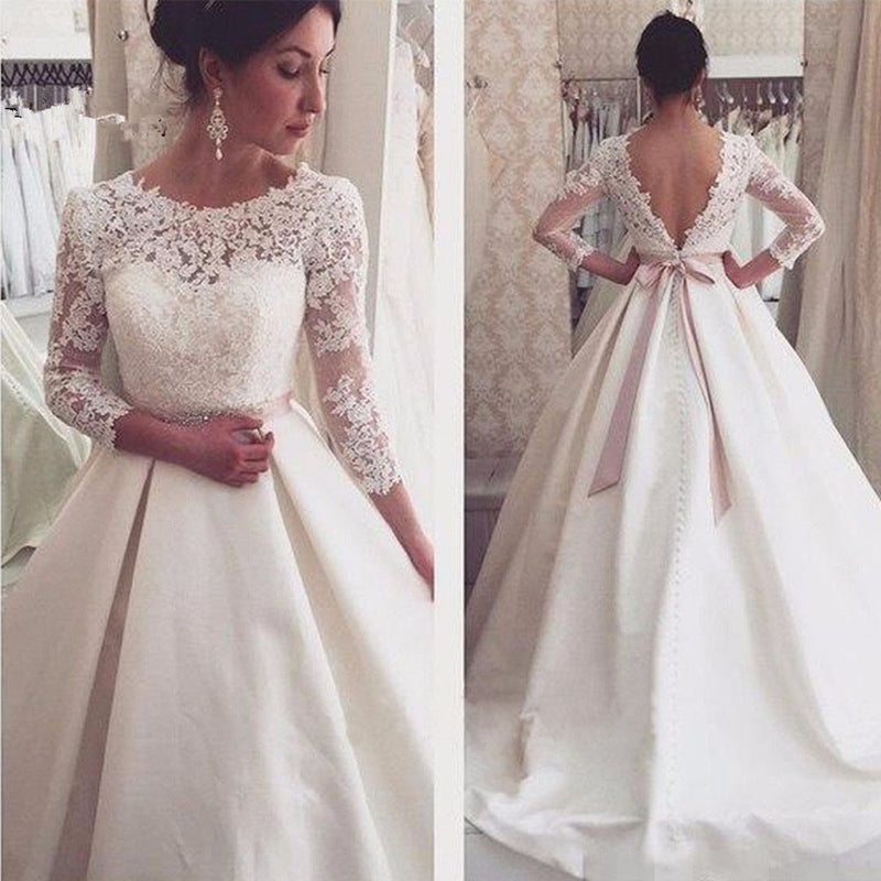 Vestido De Noiva 2019 Wedding Dresses Long A-Line 3/4 Sleeves Appliques Lace Sexy Backless Wedding Gown Bridal Dresses