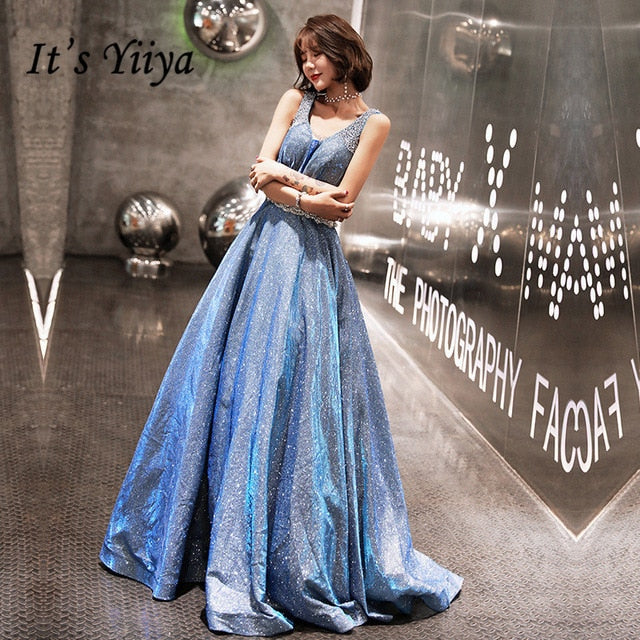 It's YiiYa Evening Dress Fashion Shining Sky Blue V-neck LIttle Train Party Gown Sleeveless Lace Up Elegant Formal Dresses E072