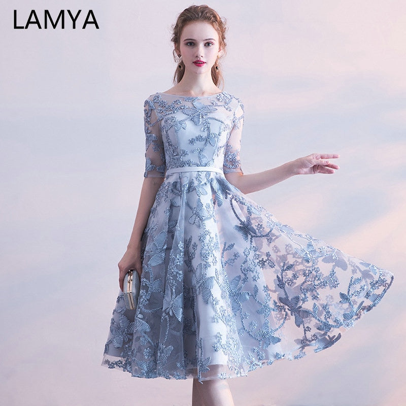 LAMYA Simple Short Ribbons Prom Dresses With Half Sleeve Evening Party Dress Knee Length A Line Tulle Special Occasion Dress