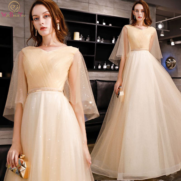 Walk Beside You Bling Prom Dresses 2019 Champagne V-neck Short Sleeve A-line Crystal Tulle Long Floor Length Evening Gowns Party