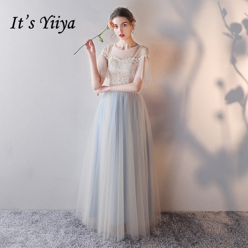 It's YiiYa Bridesmaid Dress Champagne Flare Sleeve Lace Long bridesmaid dresses Elegant Backless Lace Up Party Gown E135