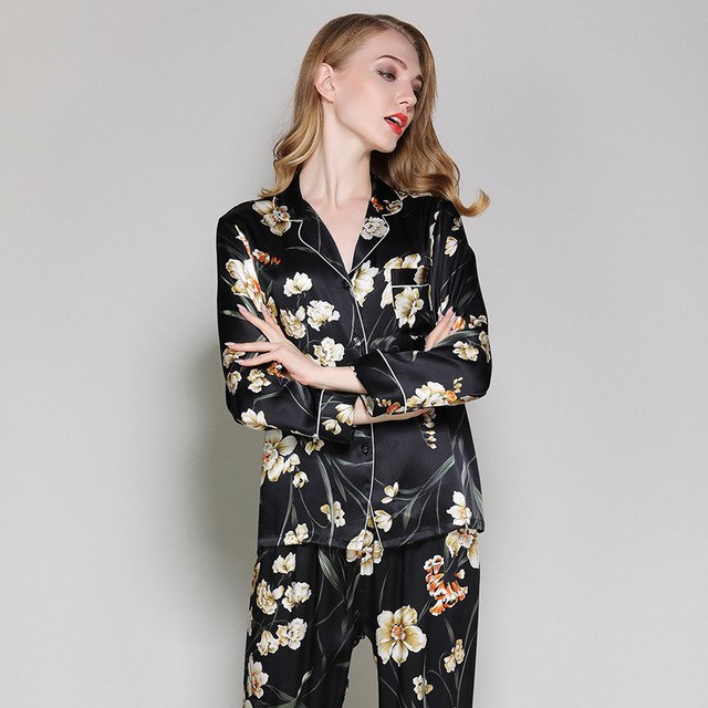 100% Silk Pajamas Spring 2019 Two-Piece Women Pyjama Summer Set Printed Silk Pajamas Sleepwear Female Tops Pants Silk Home Suits