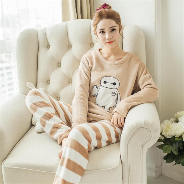 JULY'S SONG Flannel Women Pajama Sets Autumn Winter Pajamas Cartoon Thick Warm Women Sleepwear Cute Animal Female Homewear