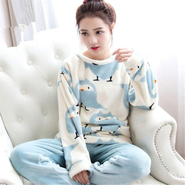 JULY'S SONG Flannel Women Pajama Sets Autumn Winter Pajamas Cartoon Thick Warm Women Sleepwear Cute Animal Female Homewear