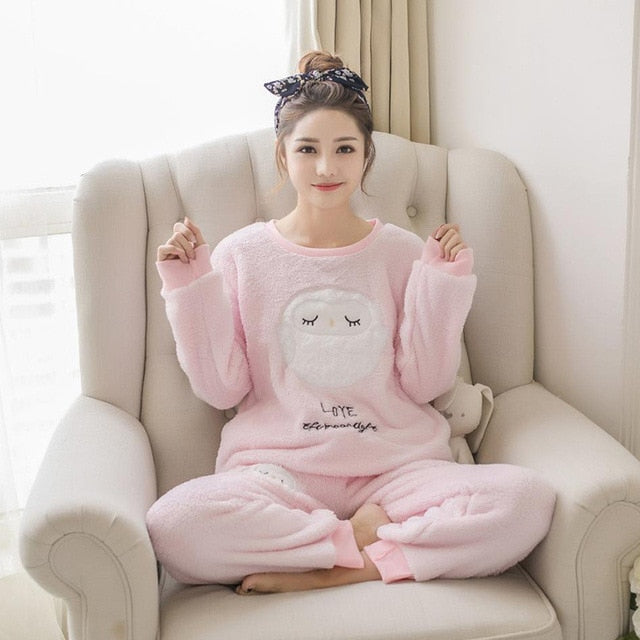 JULY'S SONG Flannel Women Pajama Sets Autumn Winter Pajamas Cartoon Thick Warm Women Sleepwear Cute Animal Female Homewear