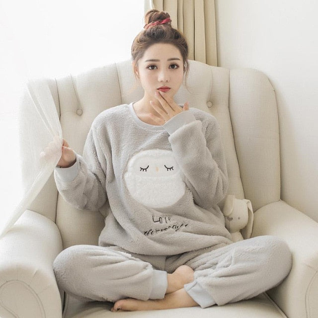 JULY'S SONG Flannel Women Pajama Sets Autumn Winter Pajamas Cartoon Thick Warm Women Sleepwear Cute Animal Female Homewear