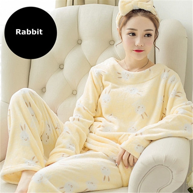 JULY'S SONG Flannel Women Pajama Sets Autumn Winter Pajamas Cartoon Thick Warm Women Sleepwear Cute Animal Female Homewear