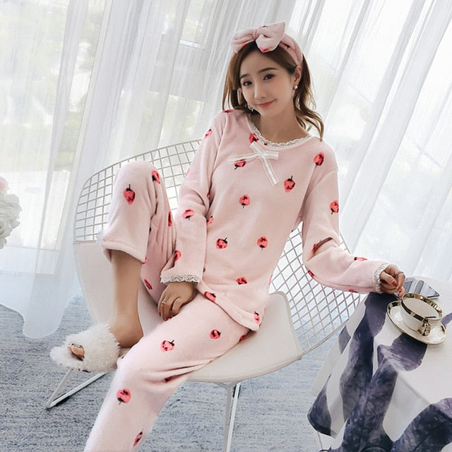 JULY'S SONG Flannel Women Pajama Sets Autumn Winter Pajamas Cartoon Thick Warm Women Sleepwear Cute Animal Female Homewear