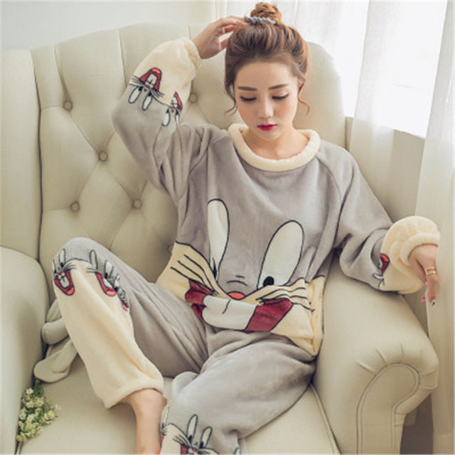 JULY'S SONG Flannel Women Pajama Sets Autumn Winter Pajamas Cartoon Thick Warm Women Sleepwear Cute Animal Female Homewear