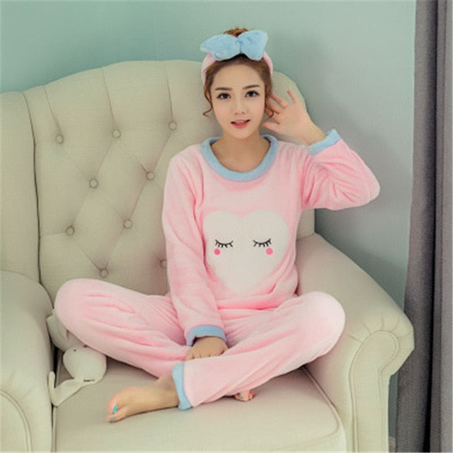 JULY'S SONG Flannel Women Pajama Sets Autumn Winter Pajamas Cartoon Thick Warm Women Sleepwear Cute Animal Female Homewear