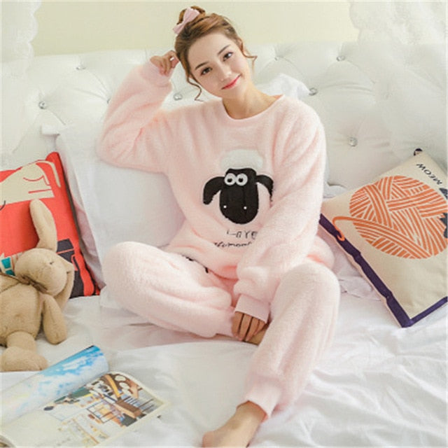 JULY'S SONG Flannel Women Pajama Sets Autumn Winter Pajamas Cartoon Thick Warm Women Sleepwear Cute Animal Female Homewear