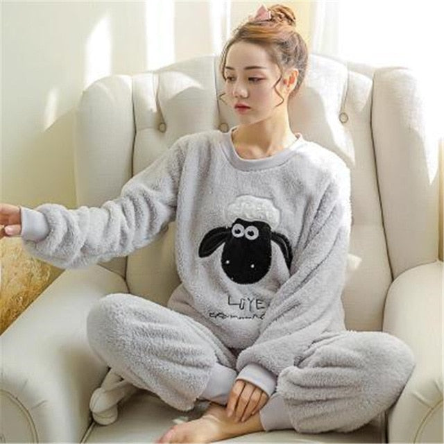 JULY'S SONG Flannel Women Pajama Sets Autumn Winter Pajamas Cartoon Thick Warm Women Sleepwear Cute Animal Female Homewear