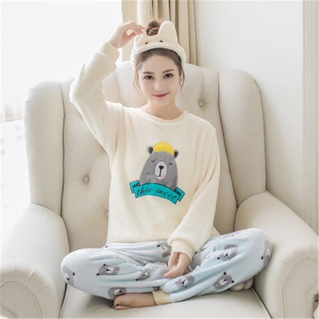 JULY'S SONG Flannel Women Pajama Sets Autumn Winter Pajamas Cartoon Thick Warm Women Sleepwear Cute Animal Female Homewear