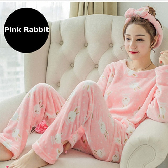 JULY'S SONG Flannel Women Pajama Sets Autumn Winter Pajamas Cartoon Thick Warm Women Sleepwear Cute Animal Female Homewear