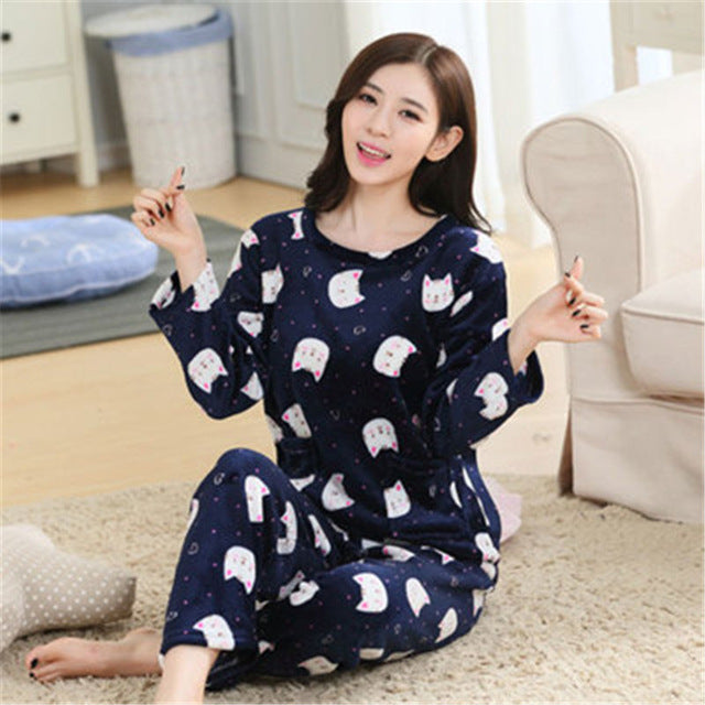 JULY'S SONG Flannel Women Pajama Sets Autumn Winter Pajamas Cartoon Thick Warm Women Sleepwear Cute Animal Female Homewear