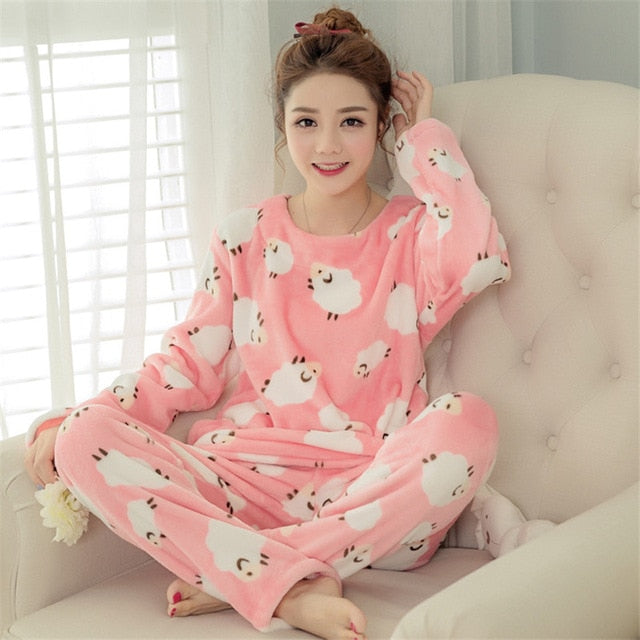 JULY'S SONG Flannel Women Pajama Sets Autumn Winter Pajamas Cartoon Thick Warm Women Sleepwear Cute Animal Female Homewear