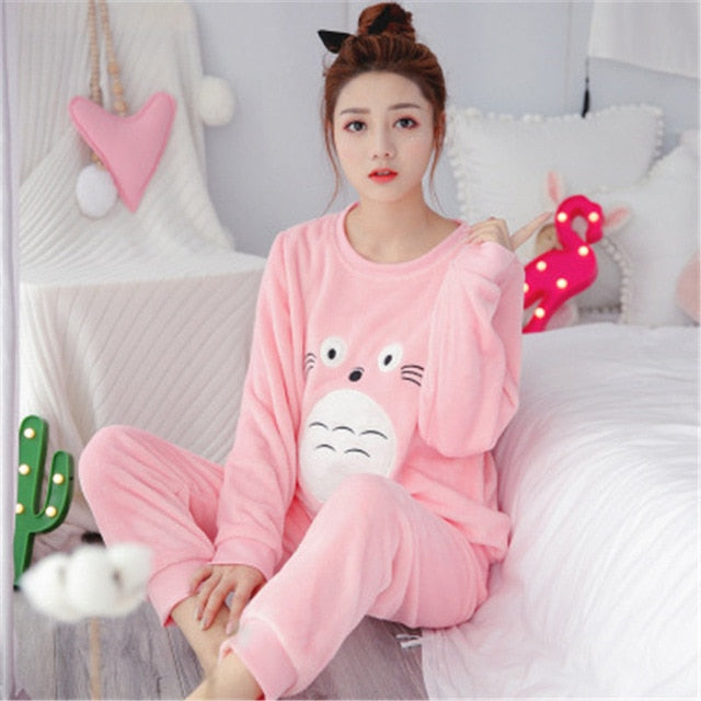 JULY'S SONG Flannel Women Pajama Sets Autumn Winter Pajamas Cartoon Thick Warm Women Sleepwear Cute Animal Female Homewear