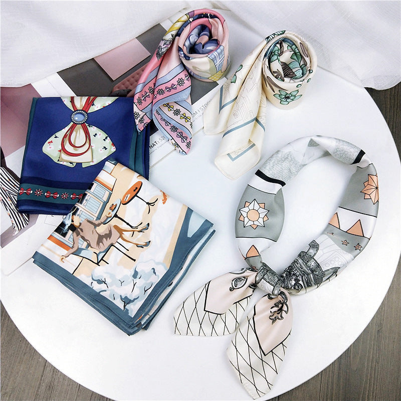 New Silk Scarf 70*70 New Fashion Bowknot Flowers Prints Women Shawl Satin Small Squares Head  Decorative Scarves