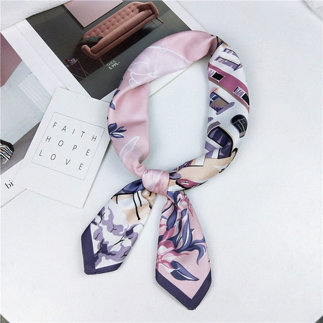 New Silk Scarf 70*70 New Fashion Bowknot Flowers Prints Women Shawl Satin Small Squares Head  Decorative Scarves