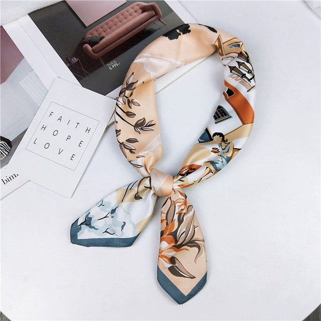 New Silk Scarf 70*70 New Fashion Bowknot Flowers Prints Women Shawl Satin Small Squares Head  Decorative Scarves