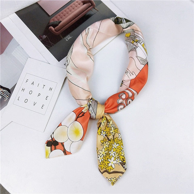 New Silk Scarf 70*70 New Fashion Bowknot Flowers Prints Women Shawl Satin Small Squares Head  Decorative Scarves