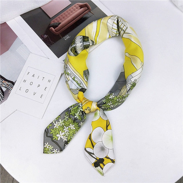 New Silk Scarf 70*70 New Fashion Bowknot Flowers Prints Women Shawl Satin Small Squares Head  Decorative Scarves